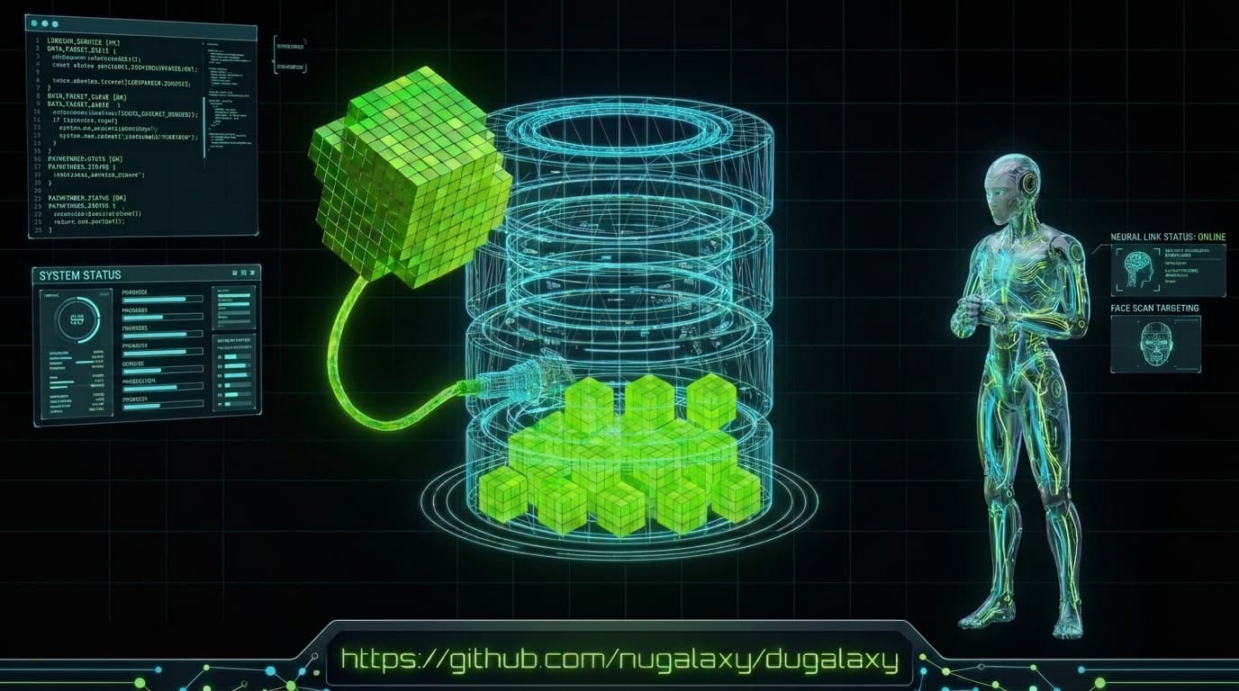 An empty wireframe grid filling with ordered lime data blocks emitted by a single electric-lime cube.