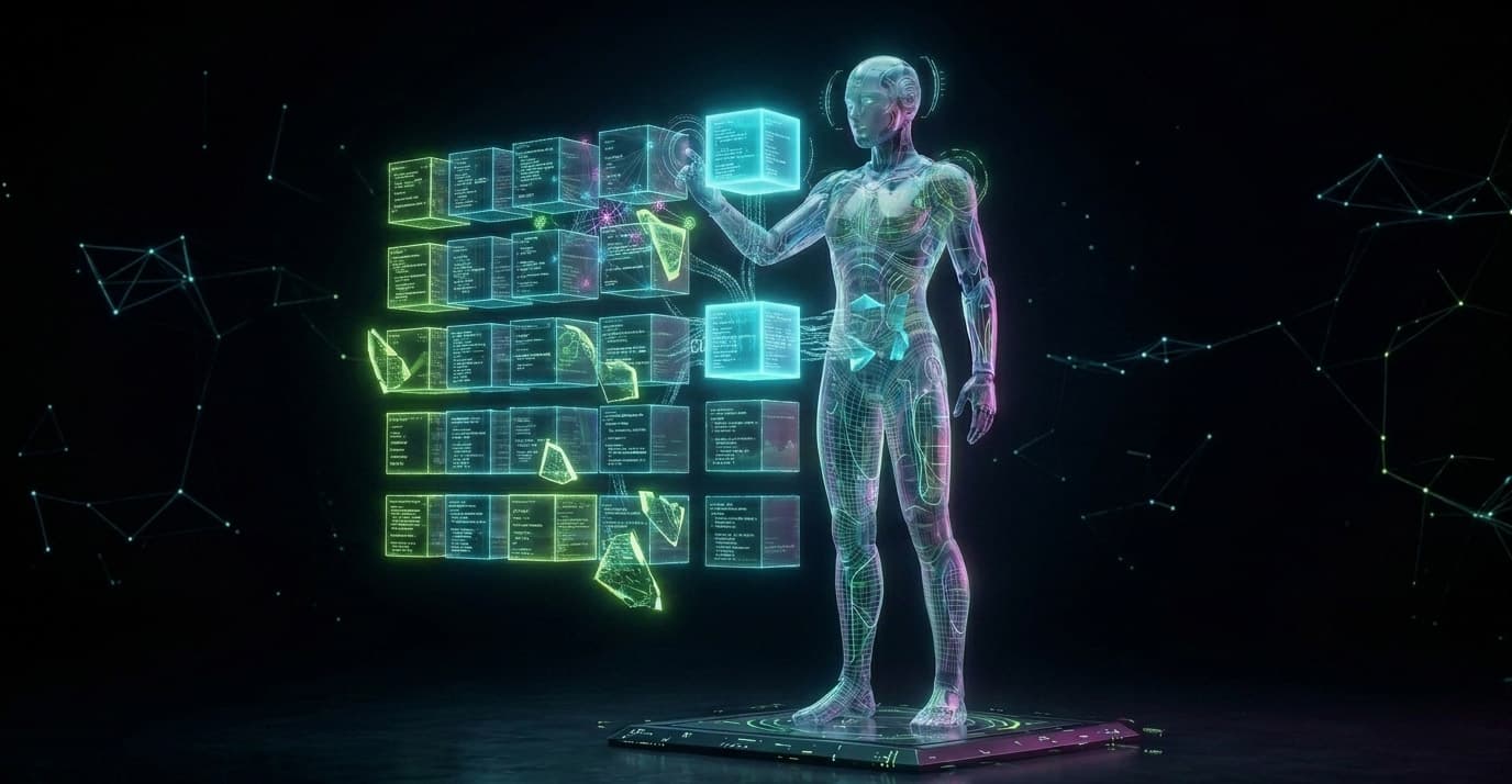 It portrays the agent interacting with a structured library of holographic data shards and cubes