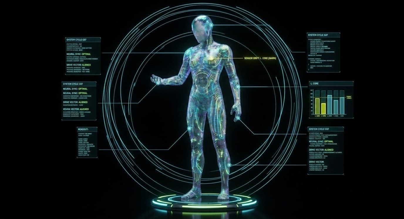 A holographic AI agent enclosed in a diagnostic measurement rig, probe lines reading its behavior, one probe glowing warning-lime where a reading has drifted