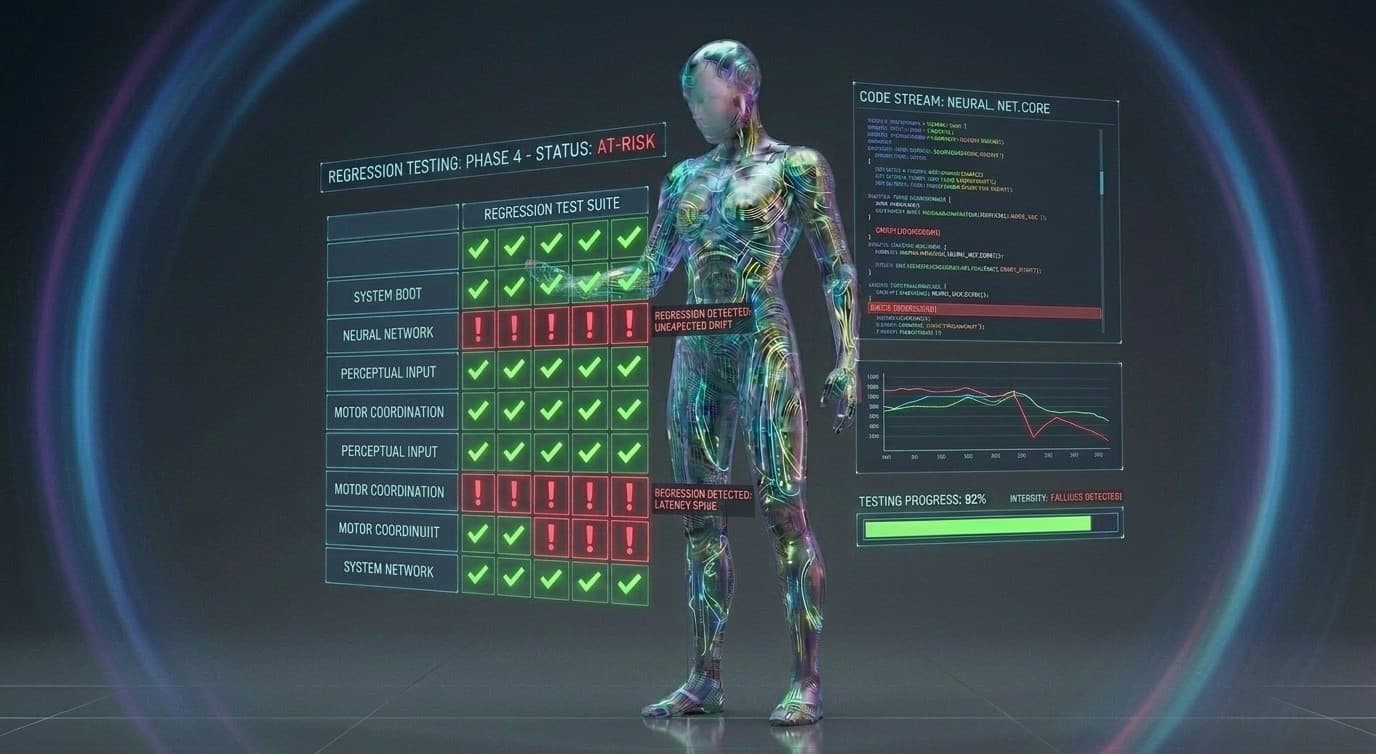A holographic AI agent standing on a platform while the ground layer beneath it is silently swapped for a different one, its outline shifted out of alignment with a lime reference frame