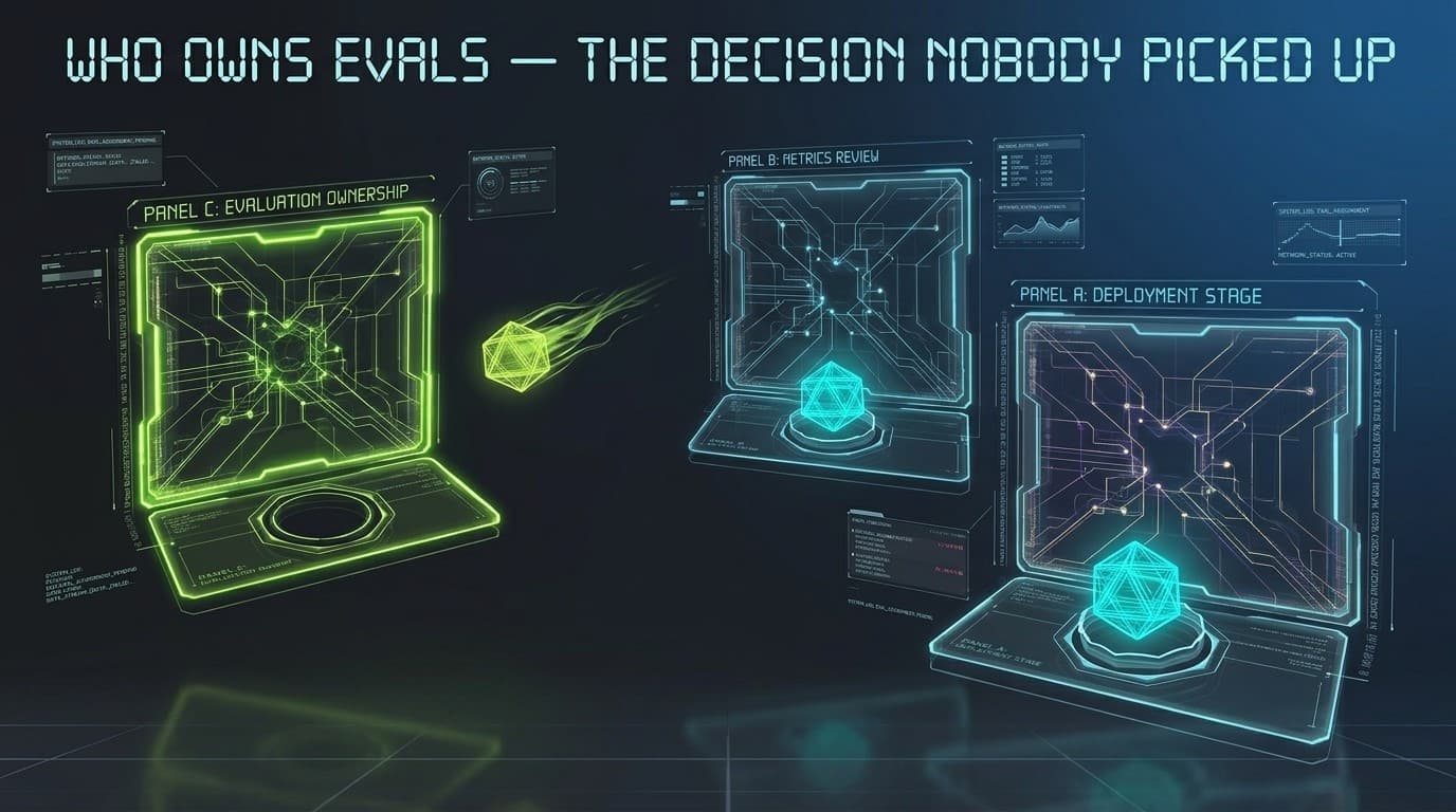 A holographic AI agent surrounded by three floating decision panels, two holding cyan tokens and one slot empty and glowing lime, nobody having claimed it