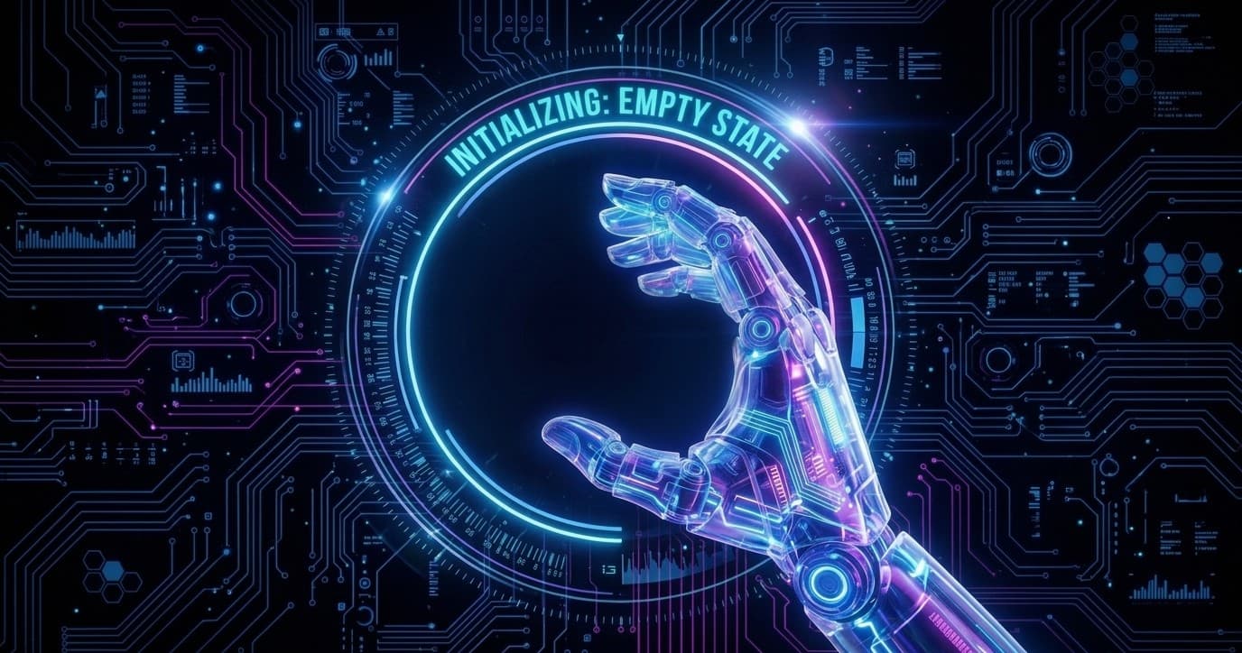 a lone robotic hand and HUD elements, focusing the hand on the central void