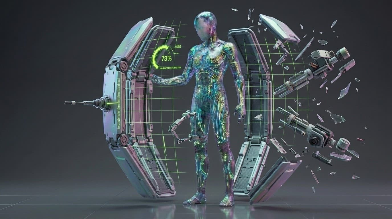 A holographic AI agent inside a measuring rig being assembled around it from four separate instrument groups, one gauge glowing warning lime