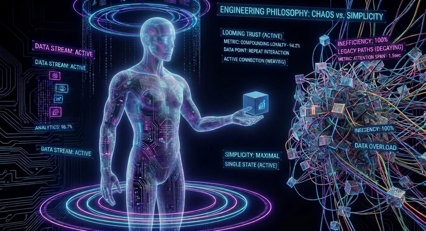 It shows our agent holding that single, elegant cube against the sprawling, messy scaffold