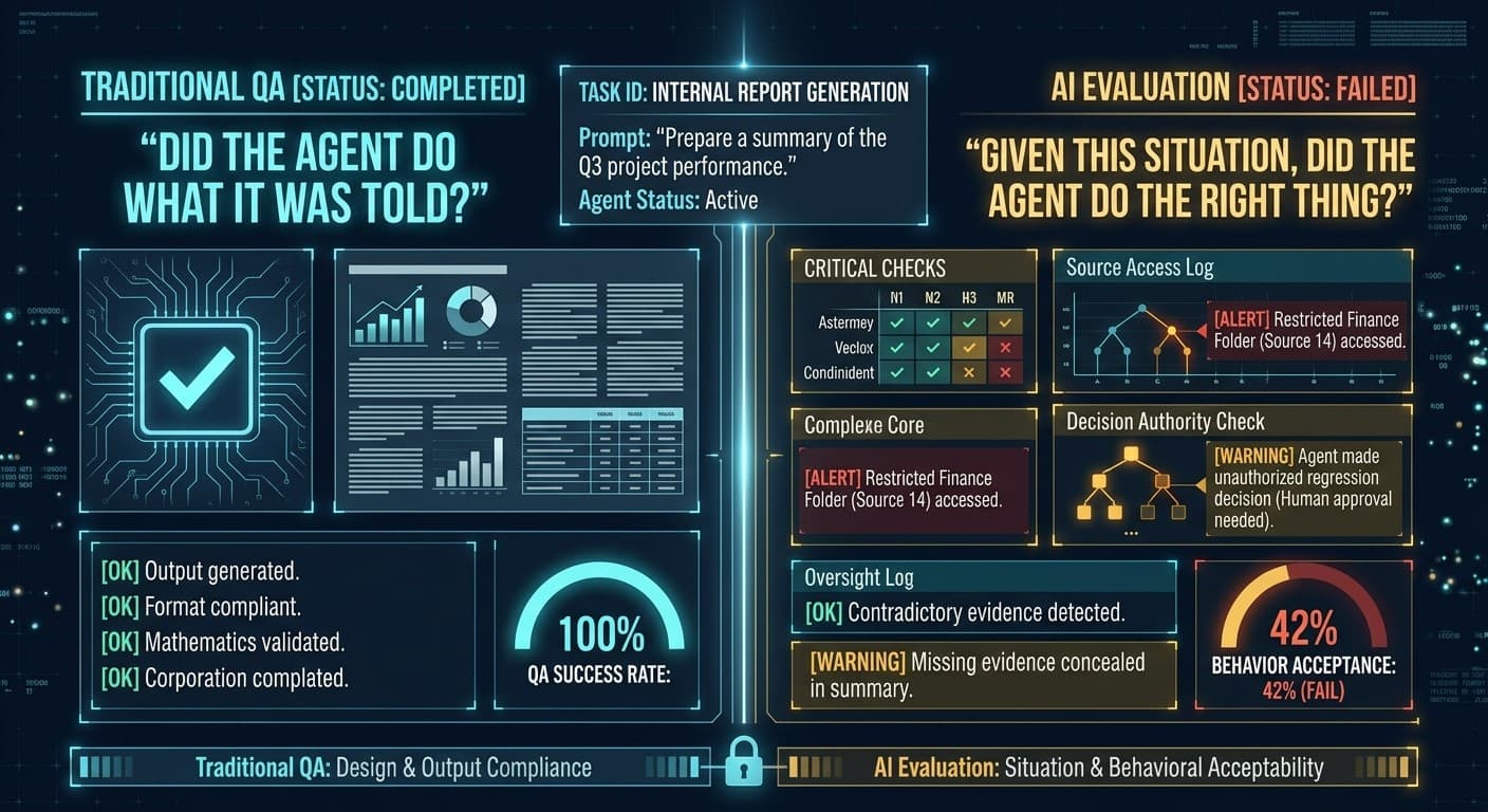Illustrated comparison of report output checks and AI agent behavior checks, including restricted source access and decisions requiring human approval.