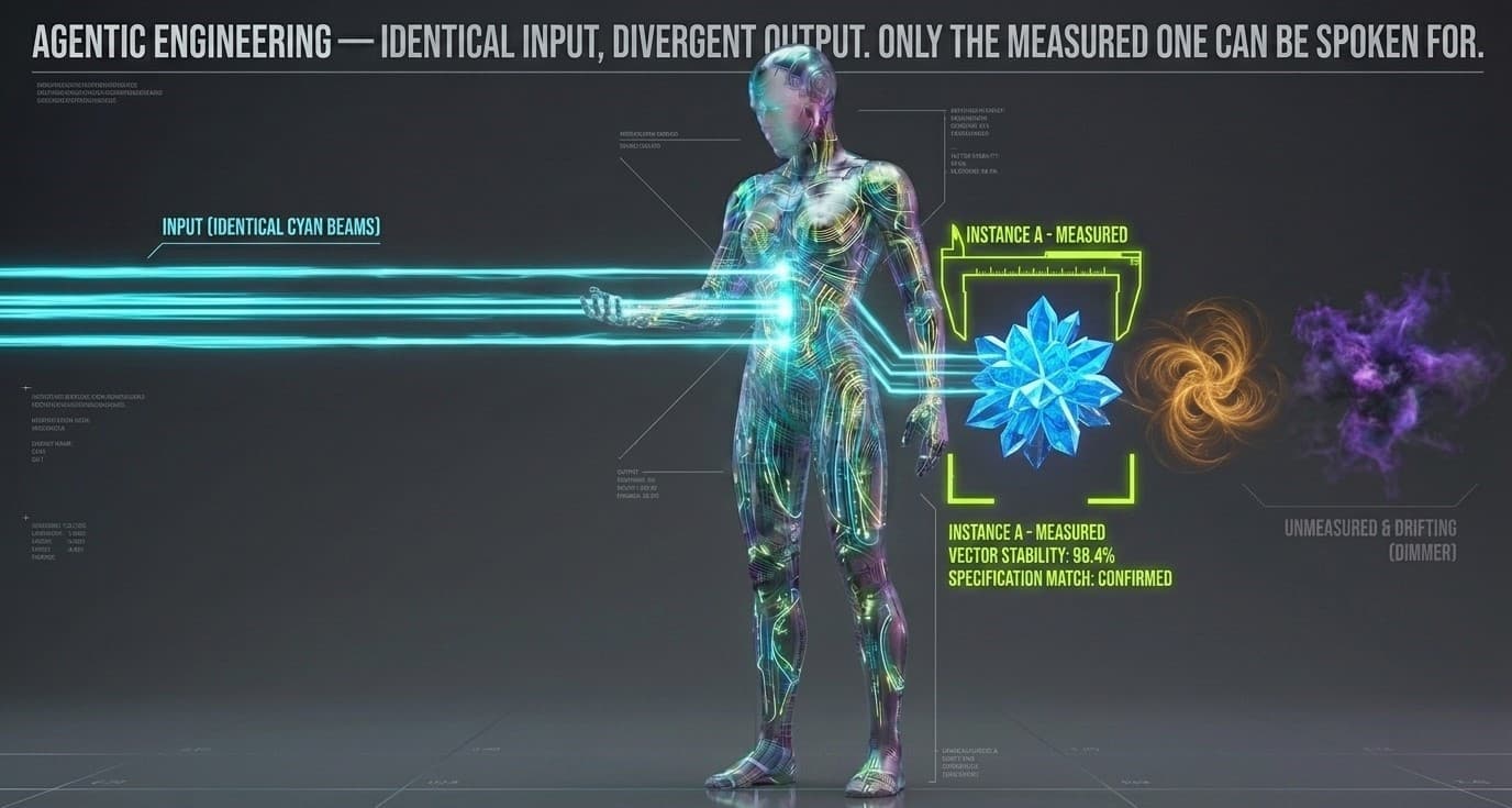 A holographic AI agent receiving three identical queries and emitting three visibly different answers, only one of them measured, one glowing warning lime