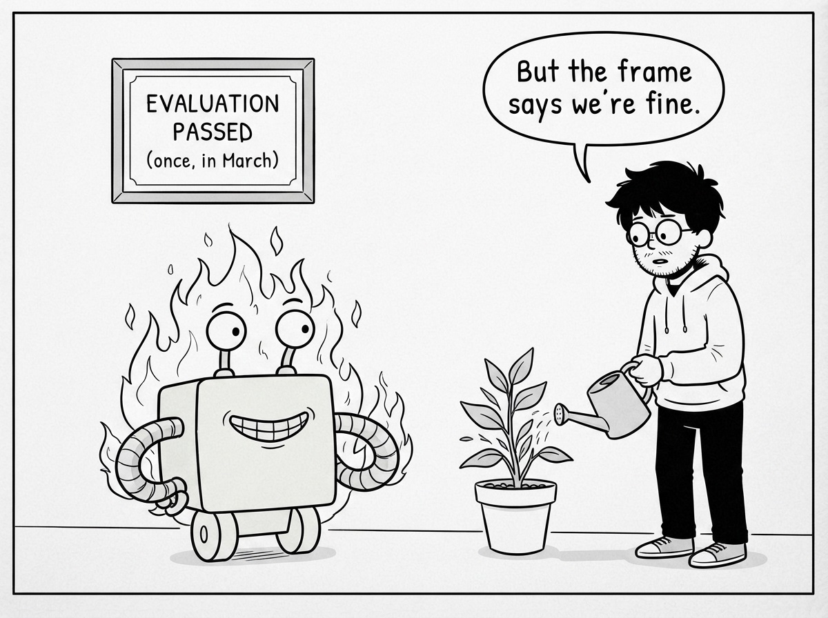Evaluation passed, once, in March. But the frame says we're fine.